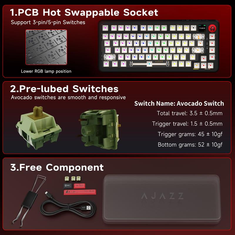 AJAZZ Official AK820MAX plus Wireless Mechanical Keyboard with TFT Screen and Knobs, Gasket Architecture Keyboard 75%, Hot Swappable Gaming Keyboard, Pc/Mac/Linux Compatible