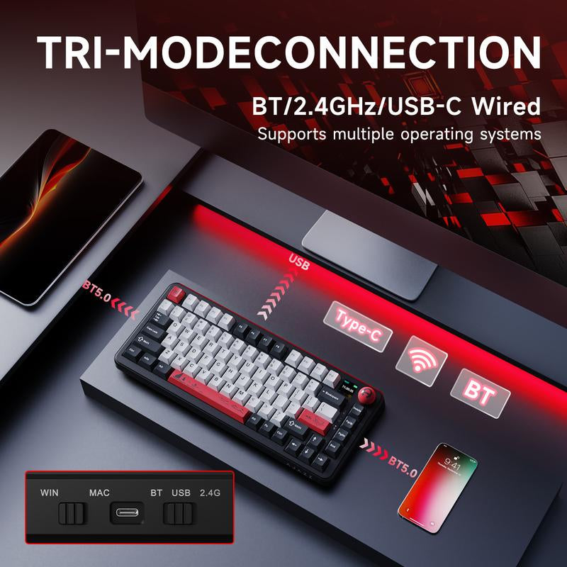 AJAZZ Official AK820MAX plus Wireless Mechanical Keyboard with TFT Screen and Knobs, Gasket Architecture Keyboard 75%, Hot Swappable Gaming Keyboard, Pc/Mac/Linux Compatible